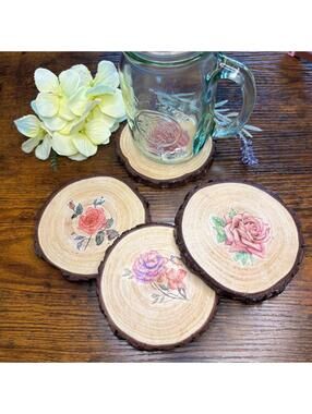 Wooden Coasters Set of 4 Rose, Housewarming gift, Elegant Farmhouse Chic